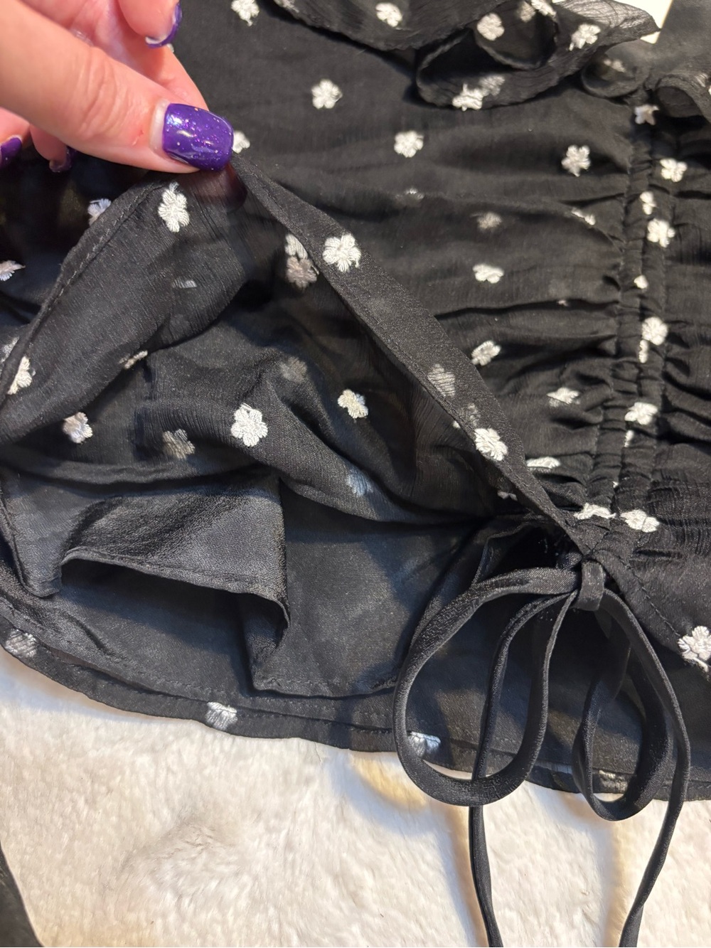 NWT Wayf Blouse XS Black White Floral Ruched Sheer Long-Sleeve Ruffle Crop Top - Picture 11 of 16